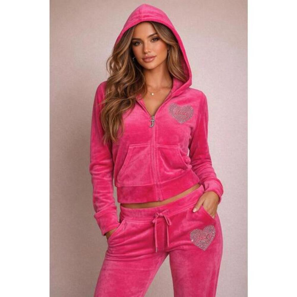 Juicy Couture Pink Velour Rhinestone Heart Tracksuit Set Hoodie Pants L NWT